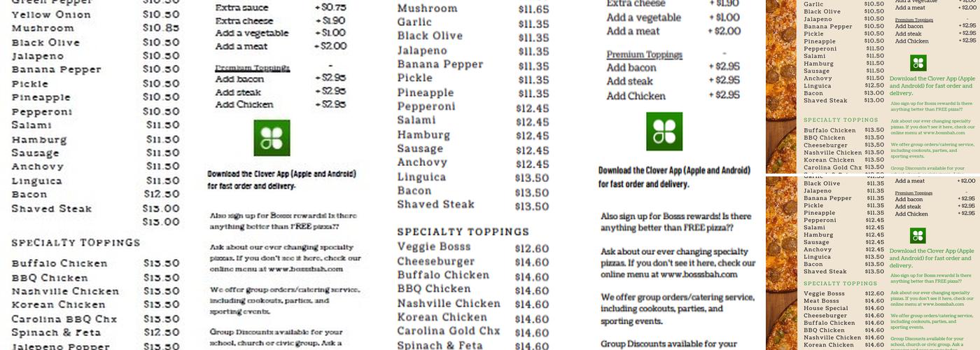 Bosss Bah Pizza Menu