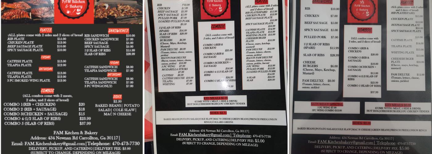 FAM Kitchen & Bakery Menu