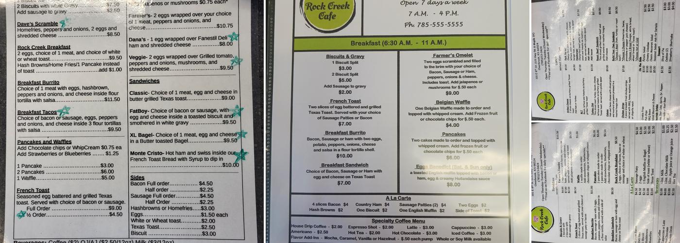 Rock Creek Cafe Menu