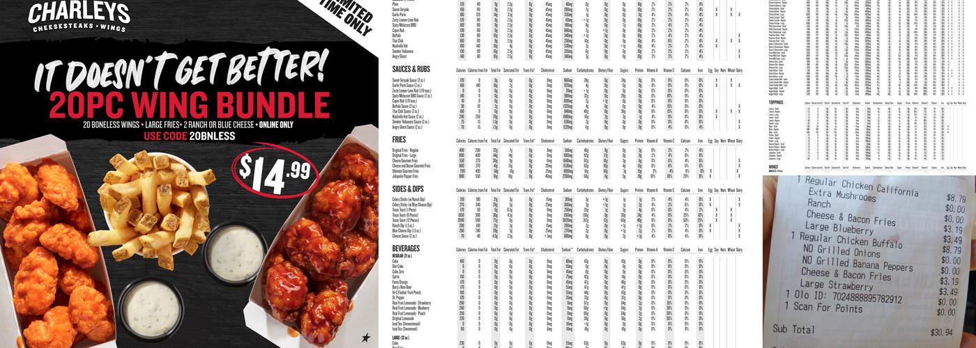 Charleys Cheesesteaks and Wings Menu