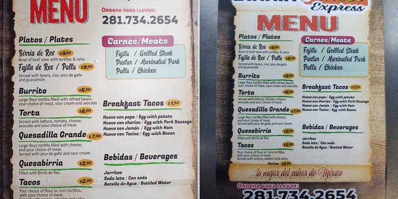 Birria & Tacos Express Menu