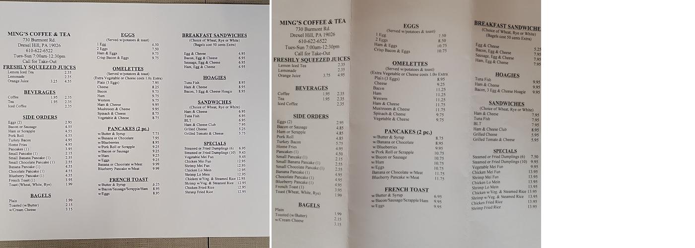 Ming's Coffee & Tea Menu