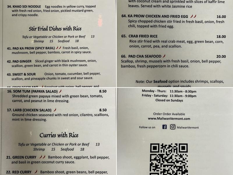 Maliwan Thai Restaurant Menu