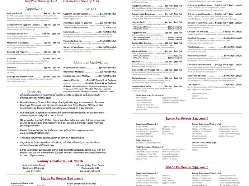 Sammy's Trattoria II Menu