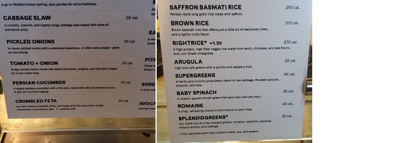 CAVA Menu