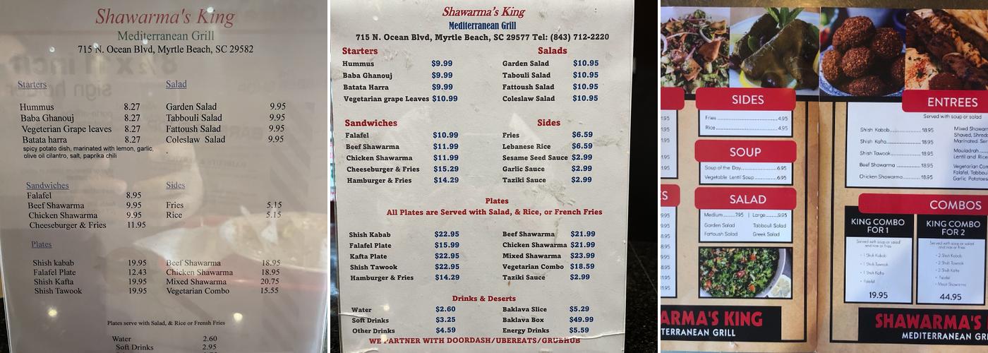 Shawarma's King Menu