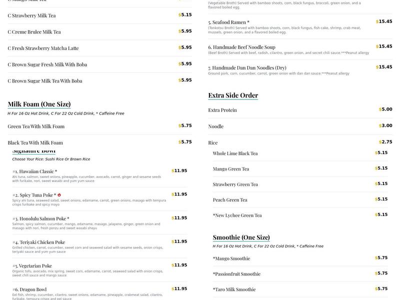 Bubble Fish Menu