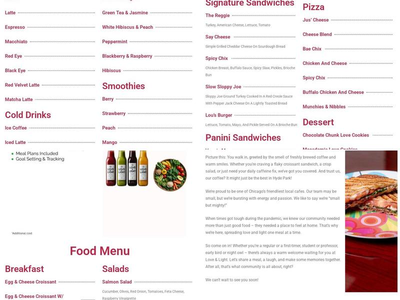 Love & Light Cafe Menu