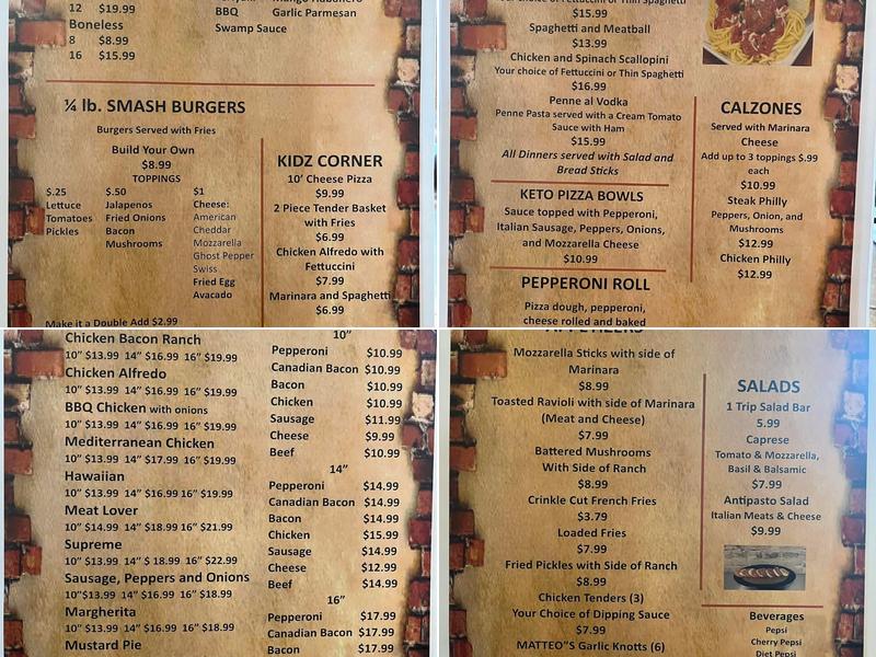 Matteo’s Pizza Menu