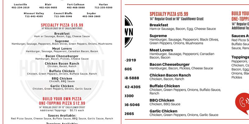 Hometown Pizza Menu