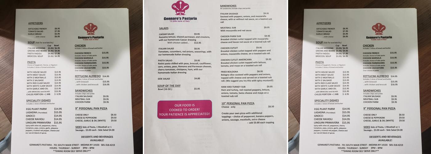 GENNARO'S PASTARIA Menu