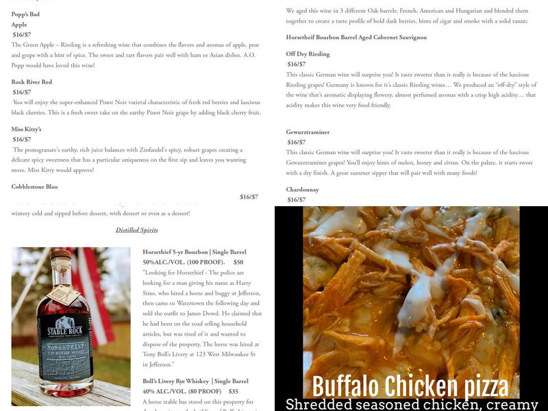 Stable Rock Winery & Distillery Menu