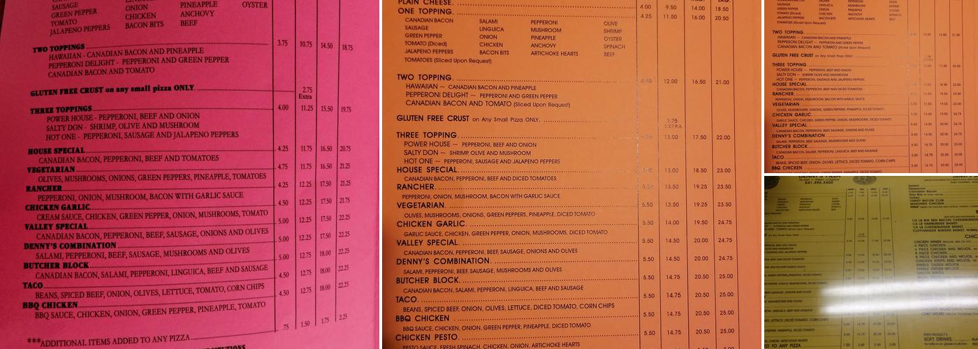 Denny's Pizza Menu