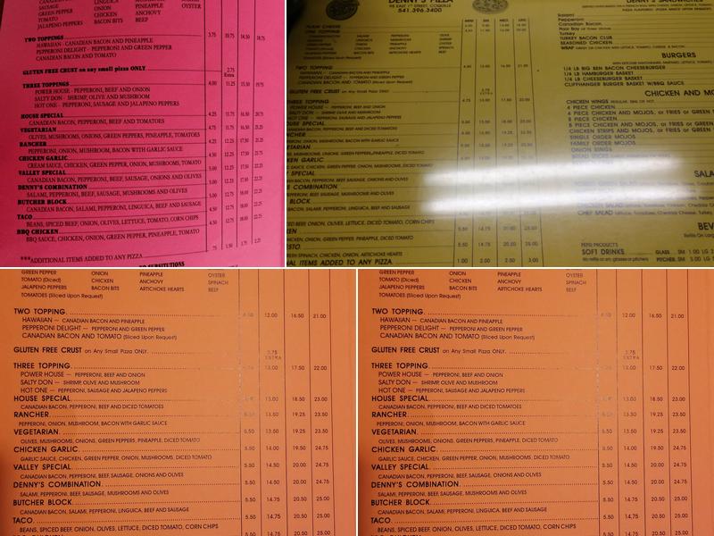Denny's Pizza Menu