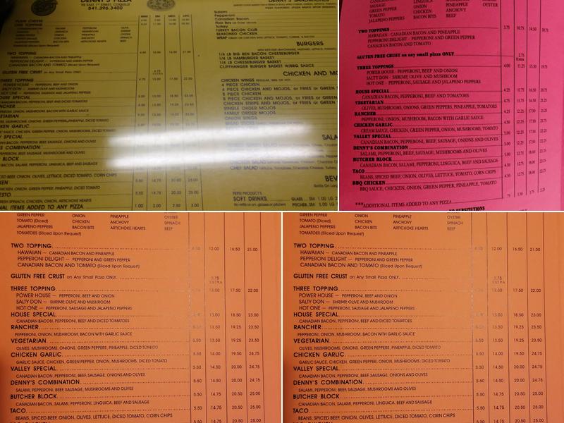 Denny's Pizza Menu