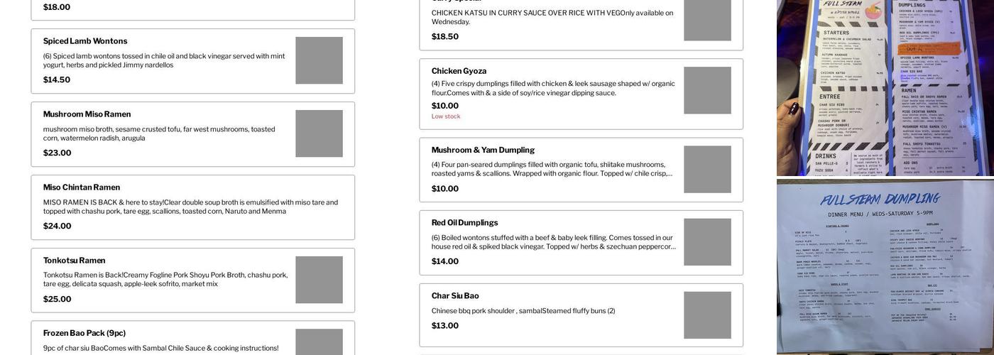 Full Steam Dumpling Menu