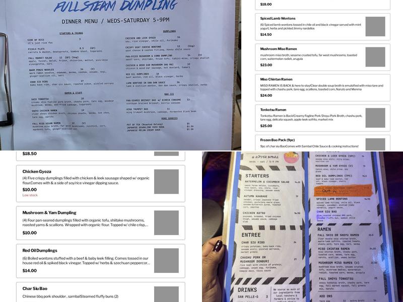 Full Steam Dumpling Menu