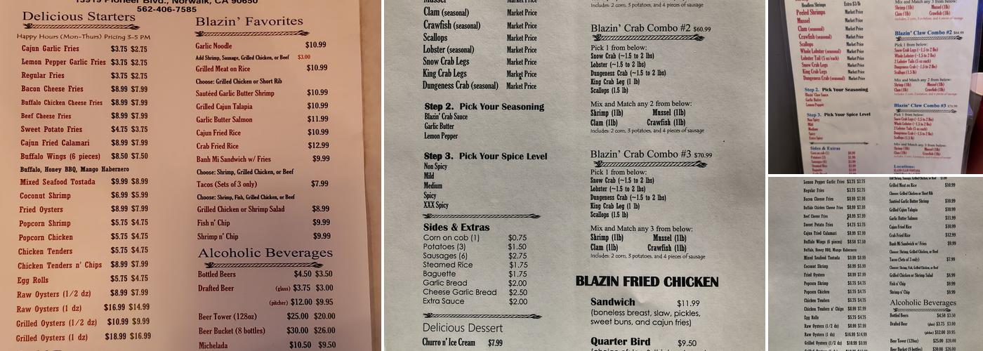 Blazin Claw Norwalk Menu