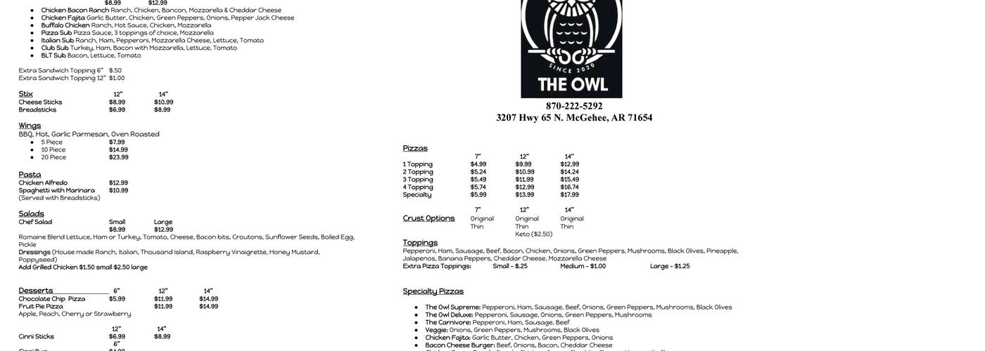 The Owl Pizza & Pub Menu