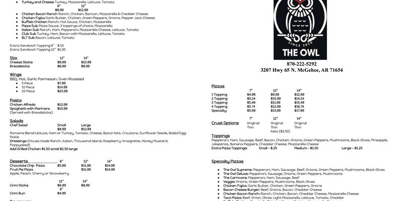 The Owl Pizza & Pub Menu