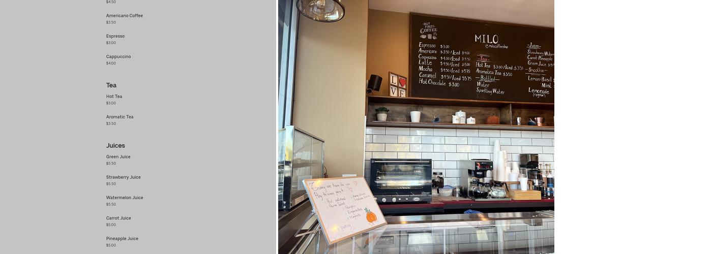 Milo Coffee Shop Menu