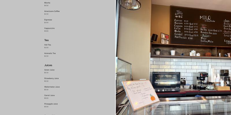 Milo Coffee Shop Menu