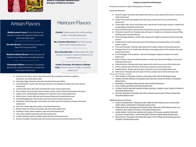 For Goodness Cake Jacksonville Menu