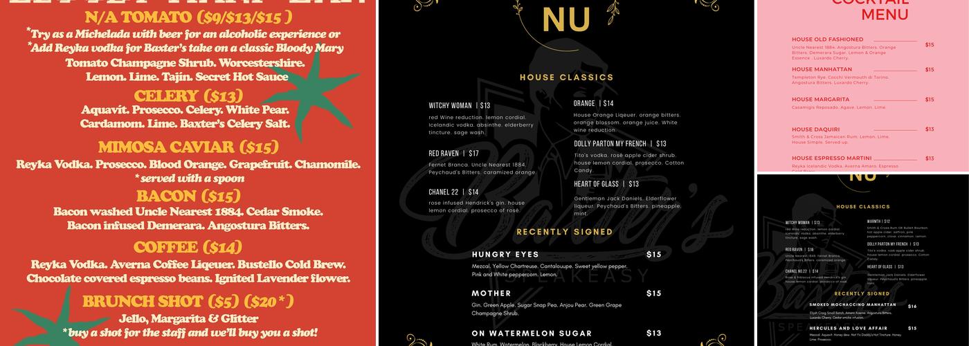 Baxter's Speakeasy Menu