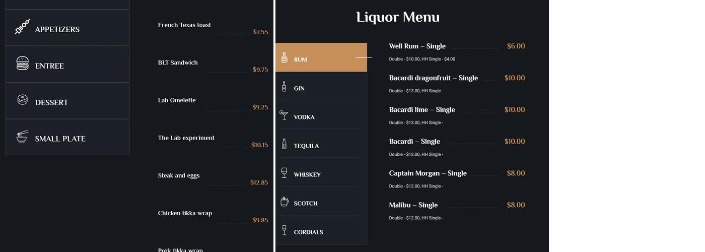 The Lab Bar and Grill Menu