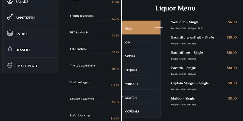 The Lab Bar and Grill Menu