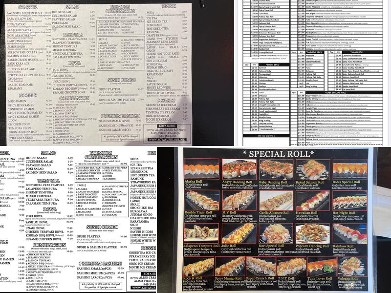Koya Sushi - Aliso Viejo Menu