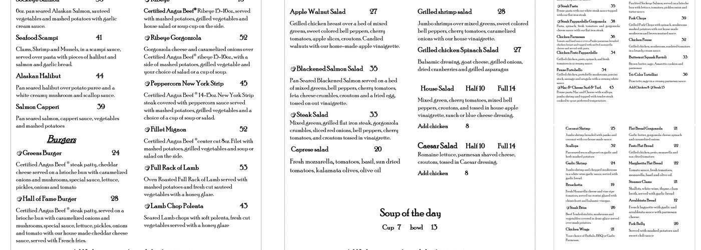 Greens Bar & Grill Menu