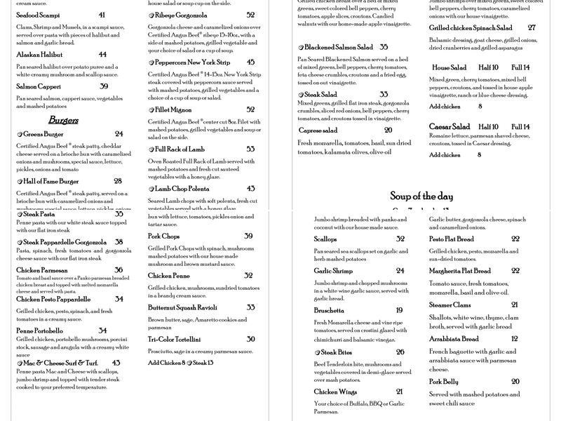 Greens Bar & Grill Menu