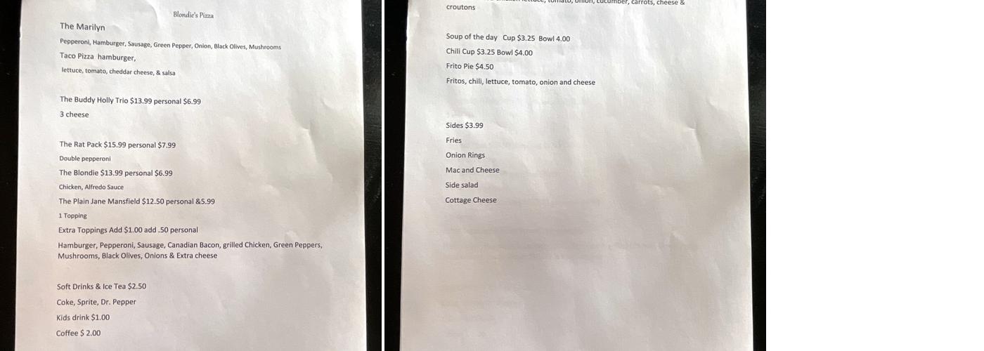 Blondie’s Bar and Grill Menu