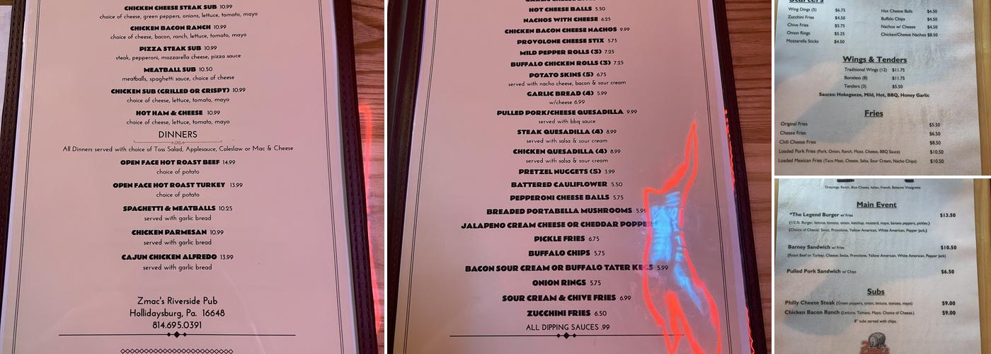 Zmac's Riverside Pub Menu