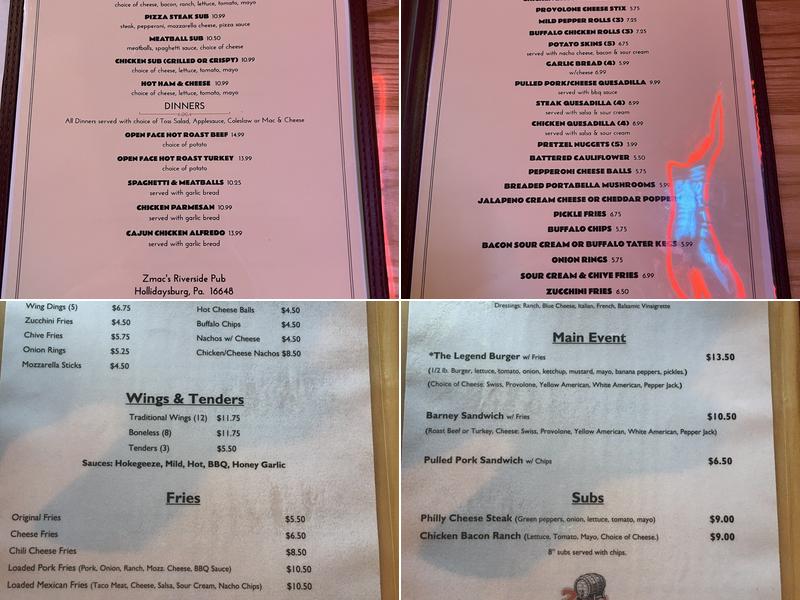 Zmac's Riverside Pub Menu