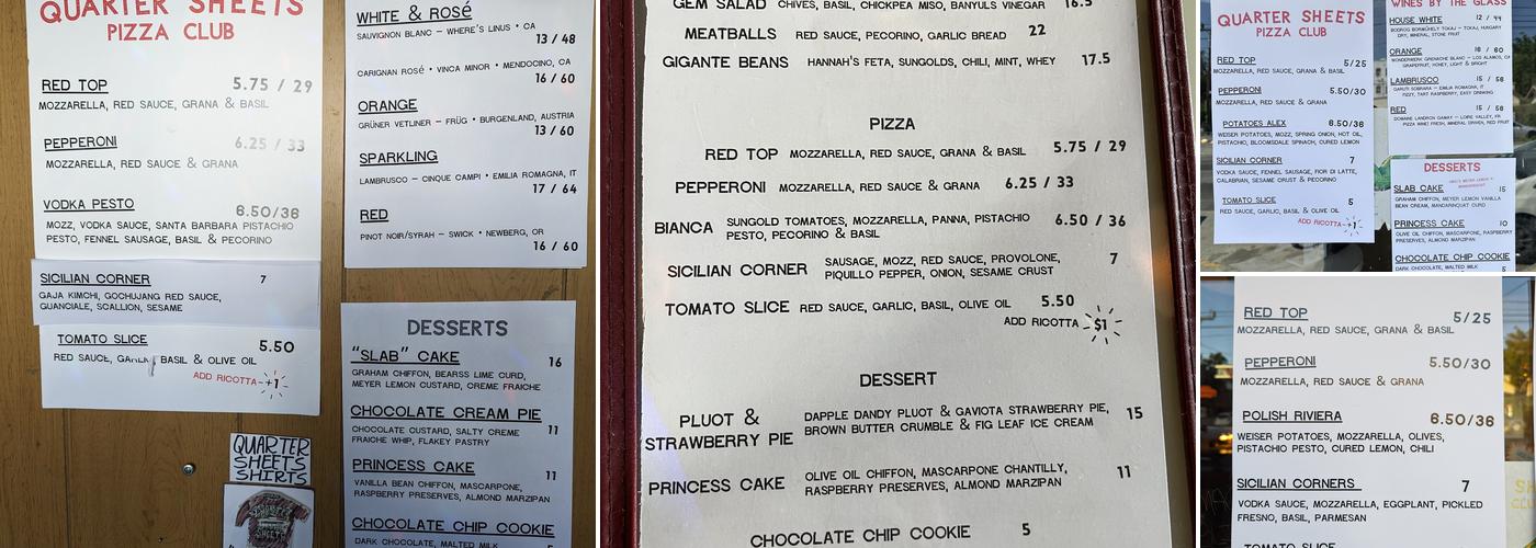 Quarter Sheets Pizza Menu