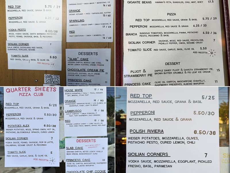 Quarter Sheets Pizza Menu