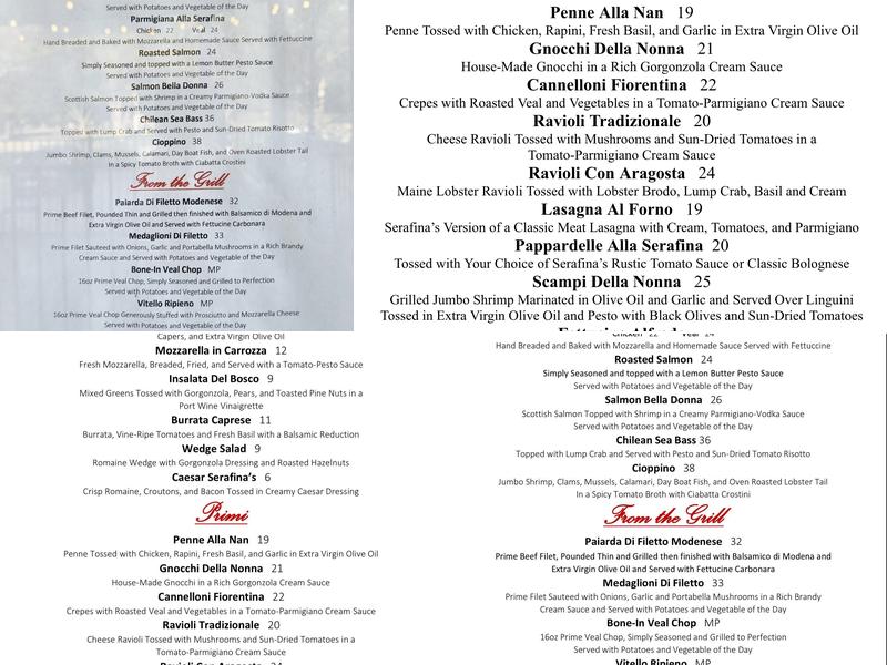 Serafina's Italiano Vino & Cucina Menu