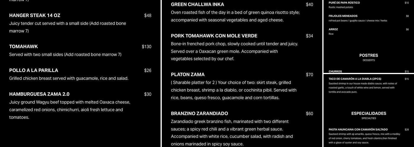Zama Latin American Cuisine Menu