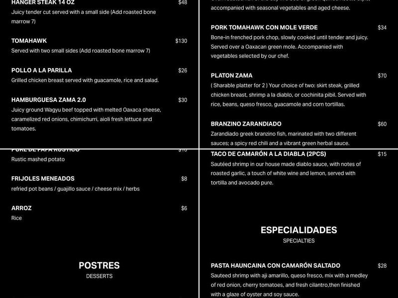 Zama Latin American Cuisine Menu