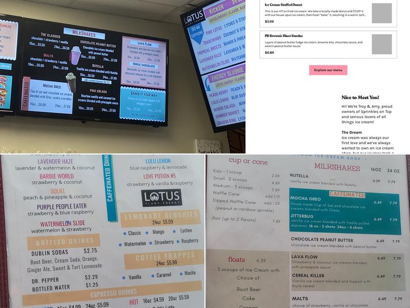 Sprinkles on Top Ice Cream Shop Menu