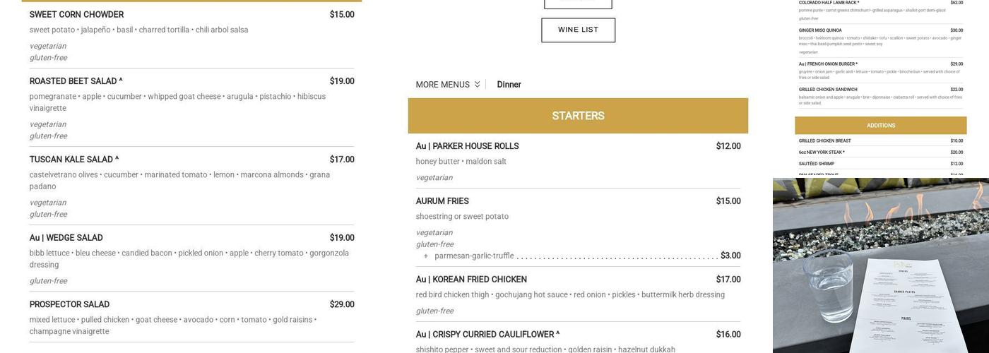 Aurum Food & Wine Aspen Snowmass Menu