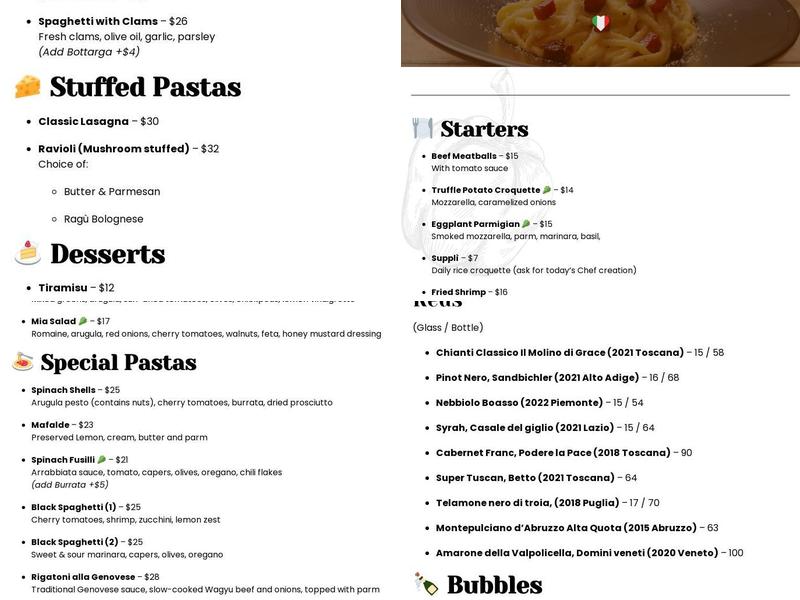 Pasta Mia Menu