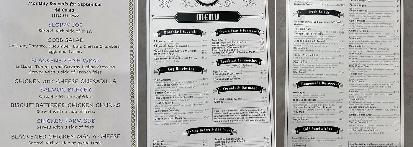 The Hideout Kitchen and Cafe Menu