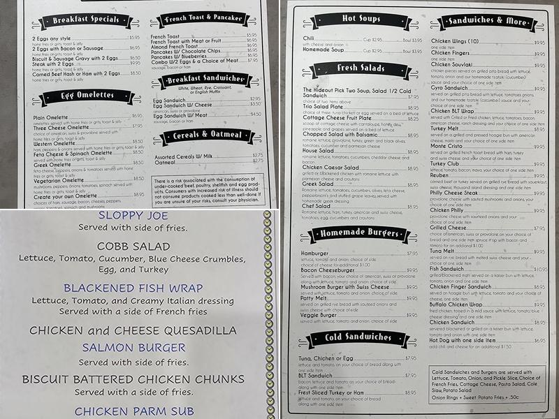 The Hideout Kitchen and Cafe Menu