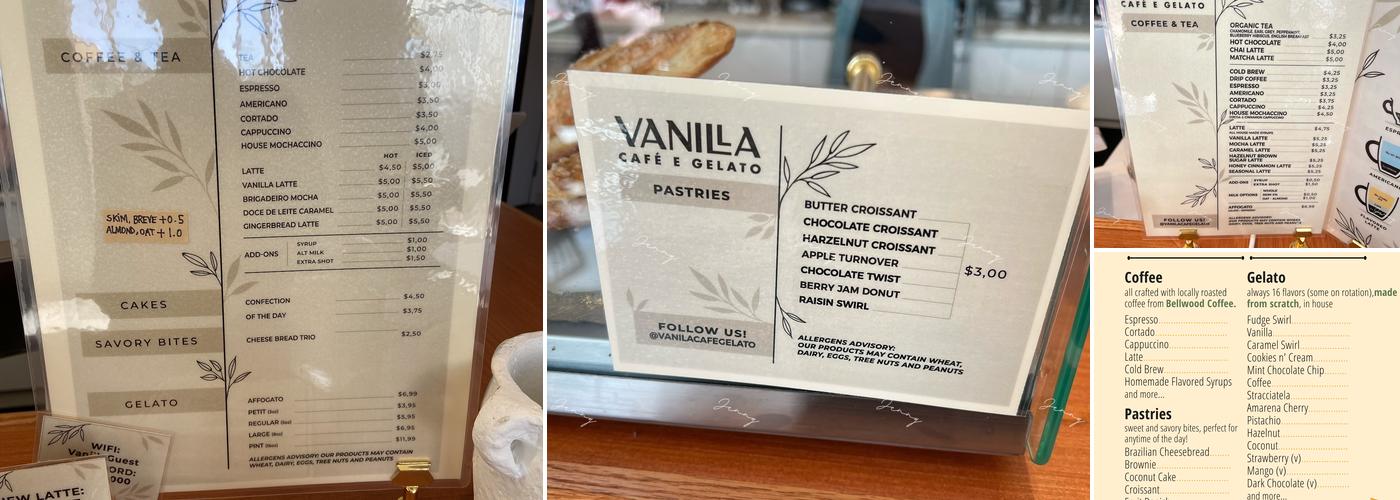 Vanilla Café e Gelato Menu