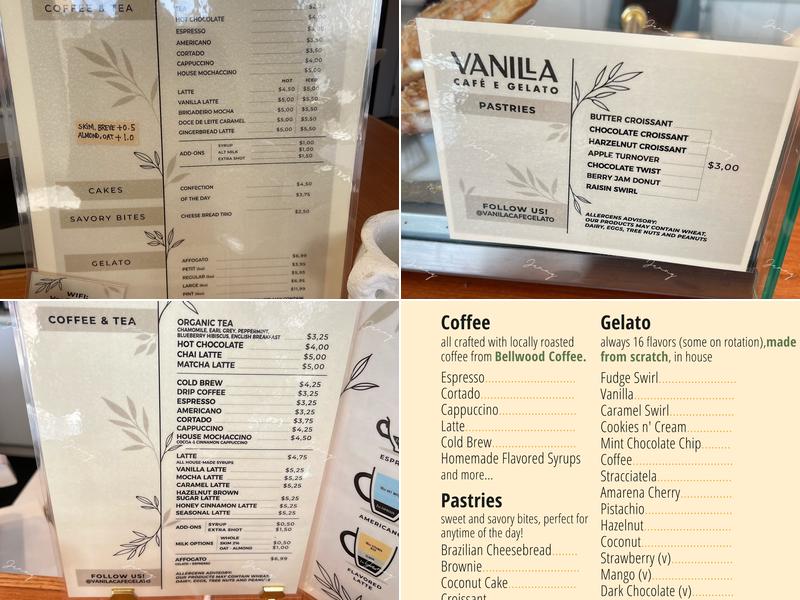Vanilla Café e Gelato Menu