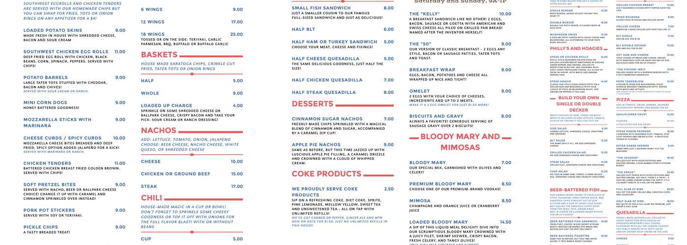 Route 50 Saloon Menu