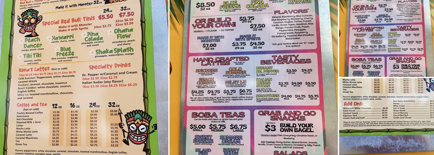 Tiki Tops Coffee Shop Menu